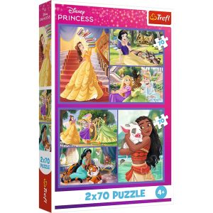 Trefl Puzzle 2x70 el Disney Princess Bajkowe dni 34440, zabawki Nino Bochnia, pomysł na prezent dla 5 latki, puzzle disney Księżniczki 2w1