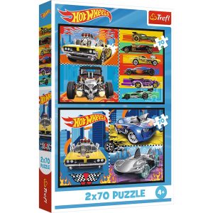 Trefl Puzzle 2x70 el Hot Wheels Samochodziki 34442, zabawki nino Bochnia, pomysł na prezent dla 5 latka, puzzle z samochodami Hot Wheels, puzzle 2w1 Samochody