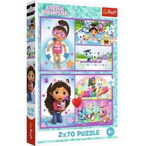 Trefl Puzzle 2x70 el Koci Domek Gabi Baw się z Gabby 34438, zabawki Nino Bochnia, pomysł na prezent dla 5 latki, puzzle 2w1 Koci domek Gabi