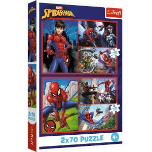 Trefl Puzzle 2x70 el Spiderman Pajęcze historie 34443, zabawki Nino Bochnia, ANRE Bochnia, puzzle Spiderman dla 5 latka, puzzle 2w1 Spider-man, co kupić chłopcu 5 letniemu