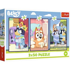 Trefl Puzzle 3x50 el Bluey Rodzina Bluey 34890, zabawki Nino Bochnia, pomysł na prezent dla 4 latka, puzzle 3w1 Bluey
