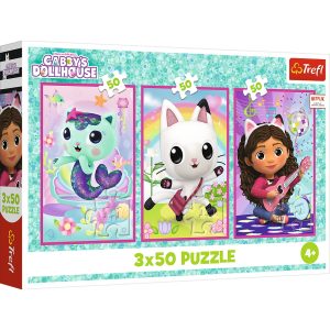Trefl Puzzle 3x50 el Koci domek Gabi Poznajcie Gabby i kotki 34876, zabawki Nino Bochnia, pomysł na prezent dla 4 latki, puzzle 3w1 Koci domek Gabi