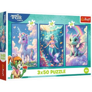 Trefl Puzzle 3x50 el Rodzina Treflików Razem w kolorowym świecie 34879, zabawki Nino Bochnia, pomysł na prezent dla 4 latka, puzzle 3w1 syrenka jednorożec
