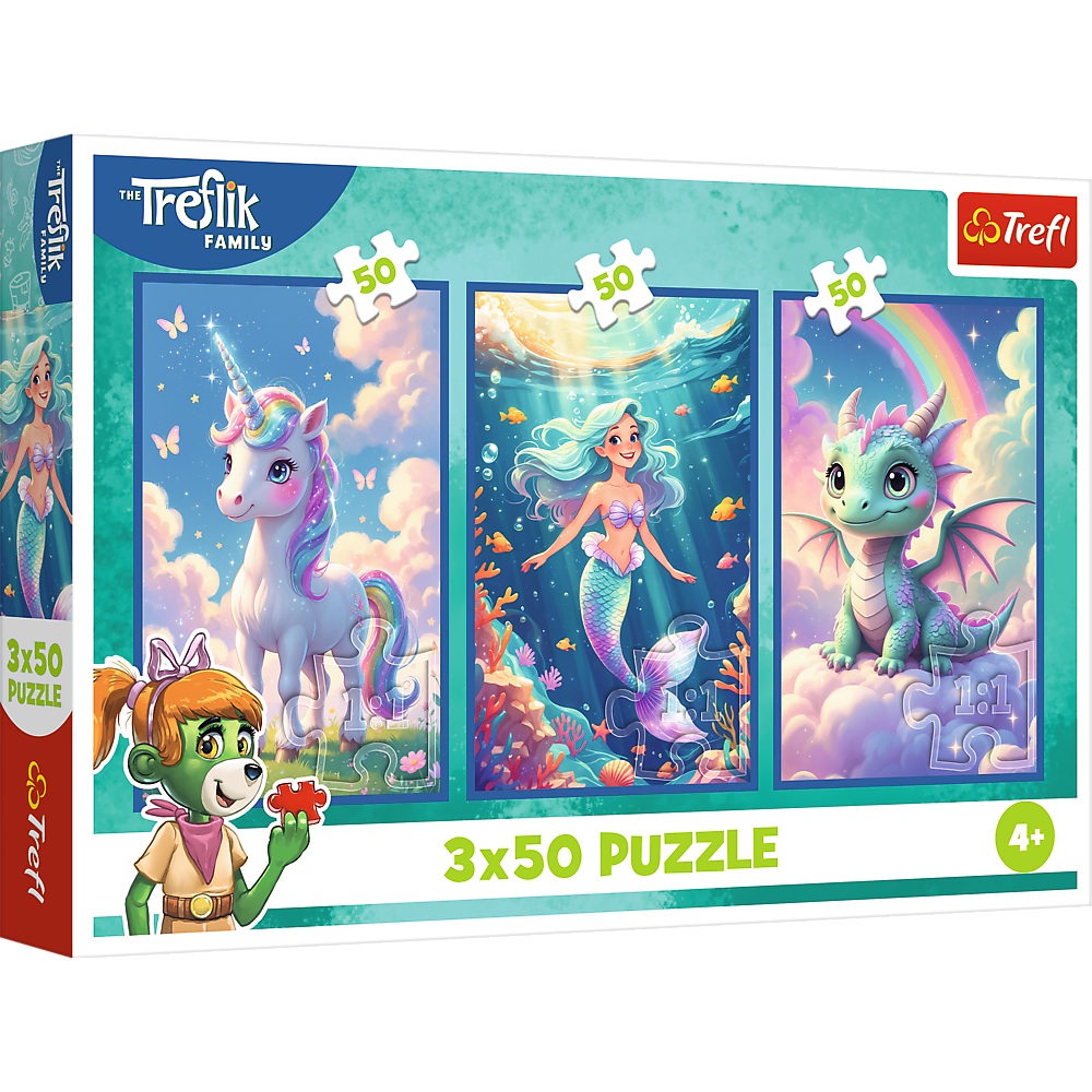 Trefl Puzzle 3x50 el Rodzina Treflików Razem w kolorowym świecie 34879, zabawki Nino Bochnia, pomysł na prezent dla 4 latka, puzzle 3w1 syrenka jednorożec