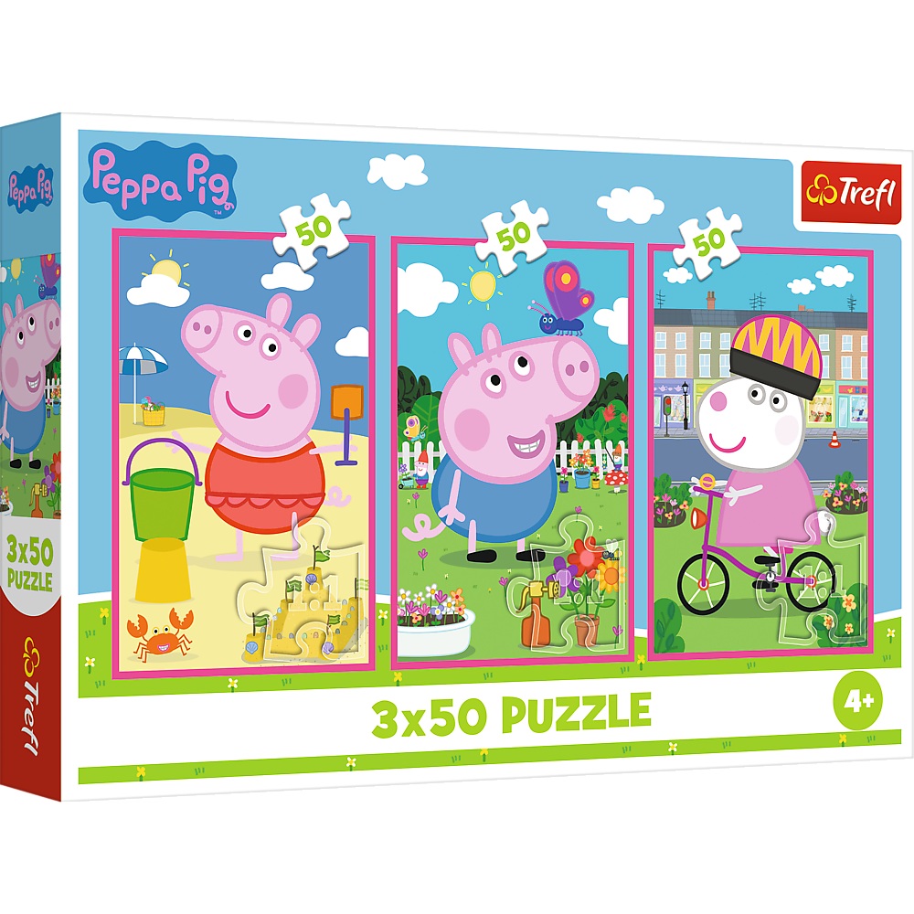 Trefl Puzzle 3x50 el Świnka peppa Siła przyjaźni 34877, zabawki nino Bochnia, pomysł na prezent dla 4 latki, puzzle 3w1 Świnka Peppa