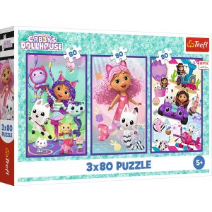 Trefl Puzzle 3x80 el Koci Domek Gabi Kolorowe dni Gabby 34882, zabawki Nino Bochnia pomysł na prezent dla 5 latki, puzzle 3w1 koci domek Gabi