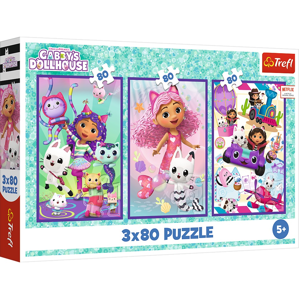 Trefl Puzzle 3x80 el Koci Domek Gabi Kolorowe dni Gabby 34882, zabawki Nino Bochnia pomysł na prezent dla 5 latki, puzzle 3w1 koci domek Gabi