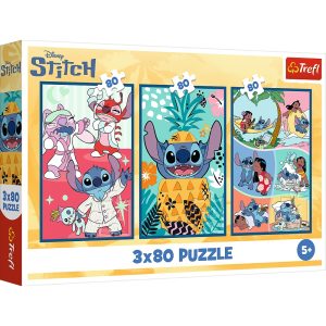 Trefl Puzzle 3x80 el Lilo i Stitch Świat Stitcha 34885, zabawki Nino Bochnia, pomysł na prezent dla 5 latki, puzzle 3w1 Lilo i Stitch
