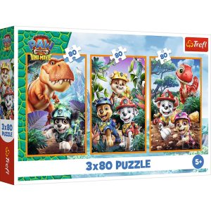 Trefl Puzzle 3x80 el Psi Patrol Bohaterowie dinozaurów 34905, zabawki Nino Bochnia, pomysł na prezent dla 5 latka, puzzle 3w1 Psi Patrol