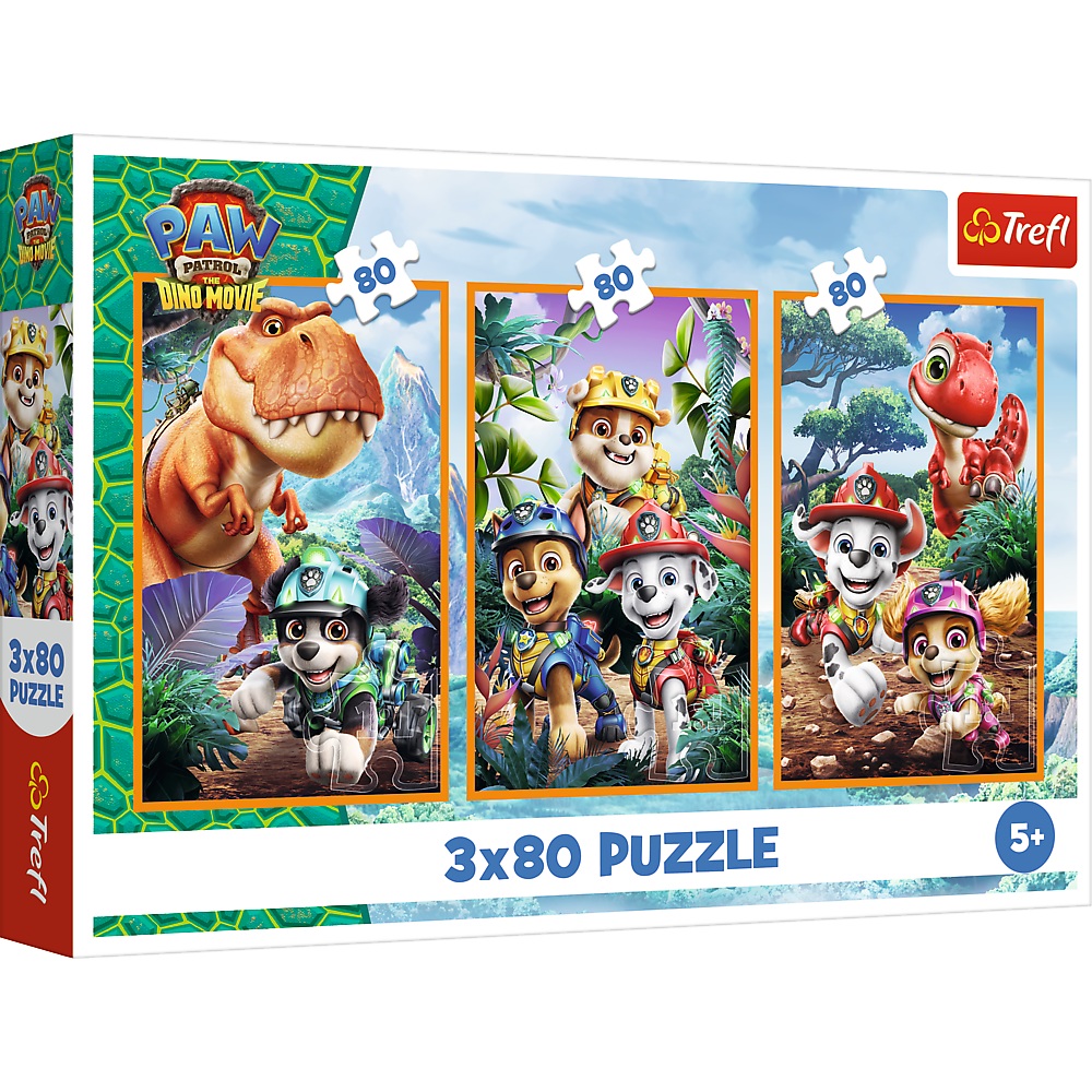 Trefl Puzzle 3x80 el Psi Patrol Bohaterowie dinozaurów 34905, zabawki Nino Bochnia, pomysł na prezent dla 5 latka, puzzle 3w1 Psi Patrol