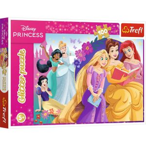 Trefl Puzzle brokatowe 100 el Disney Princess Blask magii przyjaźni 14834, zabawki nino Bochnia, pomysł na prezent dla 5 latki, puzzle z brokatem, puzzle księżniczki