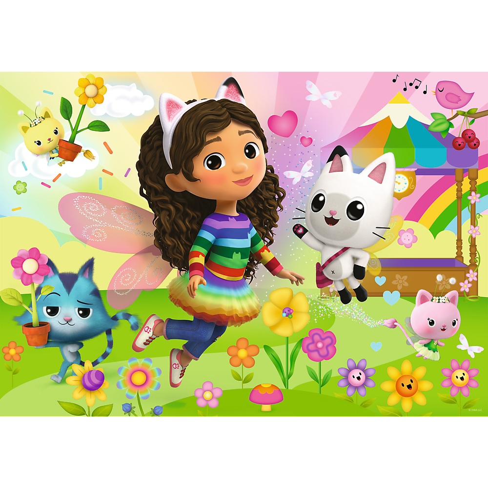 Trefl Puzzle brokatowe 100 el Koci Domek Gabi Brokatowa Gabi 14832, zabawki Nino Bochnia, pomysł na prezent dla 5 latki, puzzle z brokatem