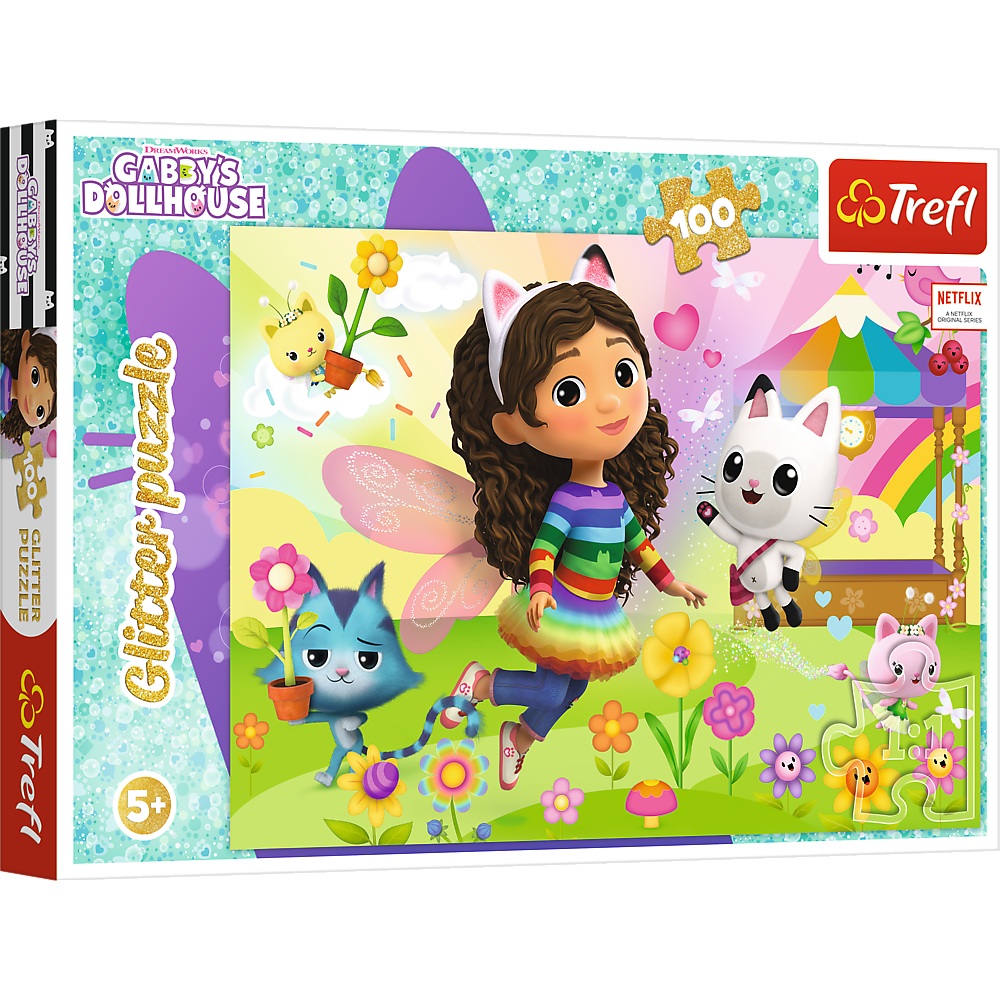 Trefl Puzzle brokatowe 100 el Koci Domek Gabi Brokatowa Gabi 14832, zabawki Nino Bochnia, pomysł na prezent dla 5 latki, puzzle z brokatem