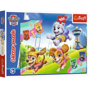 Trefl Puzzle brokatowe 100 el Psi Patrol Błyszczące psiaki 14835, zabawki Nino Bochnia, pomysł na prezent dla 5 latki, puzzle z psim patrolem, puzzle brokatowe