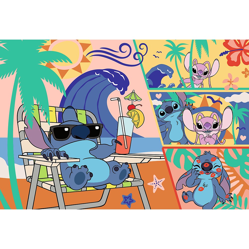 Trefl Puzzle 100 el Lilo i Stitch Plażowe dni plakat kolekcjonerski 16553, zabawki Nino Bochnia, pomysł na prezent dla 5 latki, puzzle ze Stitchem