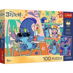 Trefl Puzzle 100 el Lilo i Stitch Plażowe dni plakat kolekcjonerski 16553, zabawki Nino Bochnia, pomysł na prezent dla 5 latki, puzzle ze Stitchem