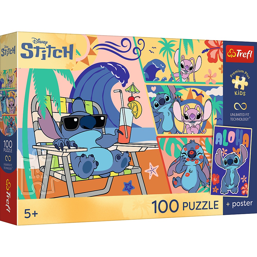 Trefl Puzzle 100 el Lilo i Stitch Plażowe dni plakat kolekcjonerski 16553, zabawki Nino Bochnia, pomysł na prezent dla 5 latki, puzzle ze Stitchem