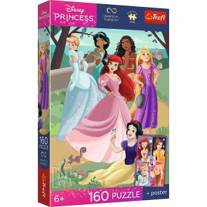 Trefl Puzzle 160 el Disney Princess Czarujące przyjęcie plakat kolekcjonerski 15438, zabawki Nino Bochnia, pomysł na prezent dla 6 latki, puzzle z księżniczkami, puzzle disney Princess z plakatem kolekcjonerskim
