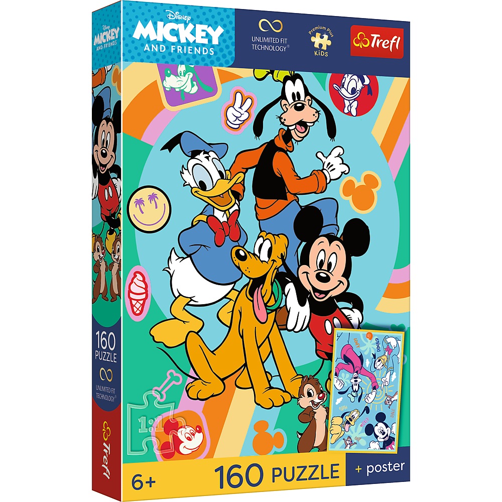 Trefl Puzzle 160 el Myszka Miki Mysia godzina plakat kolekcjonerski 15440, zabawki nino Bochnia, pomysł na prezent dla 6 lata, puzzle z myszką miki na 6 lat z plakatem kolekcjonerskim