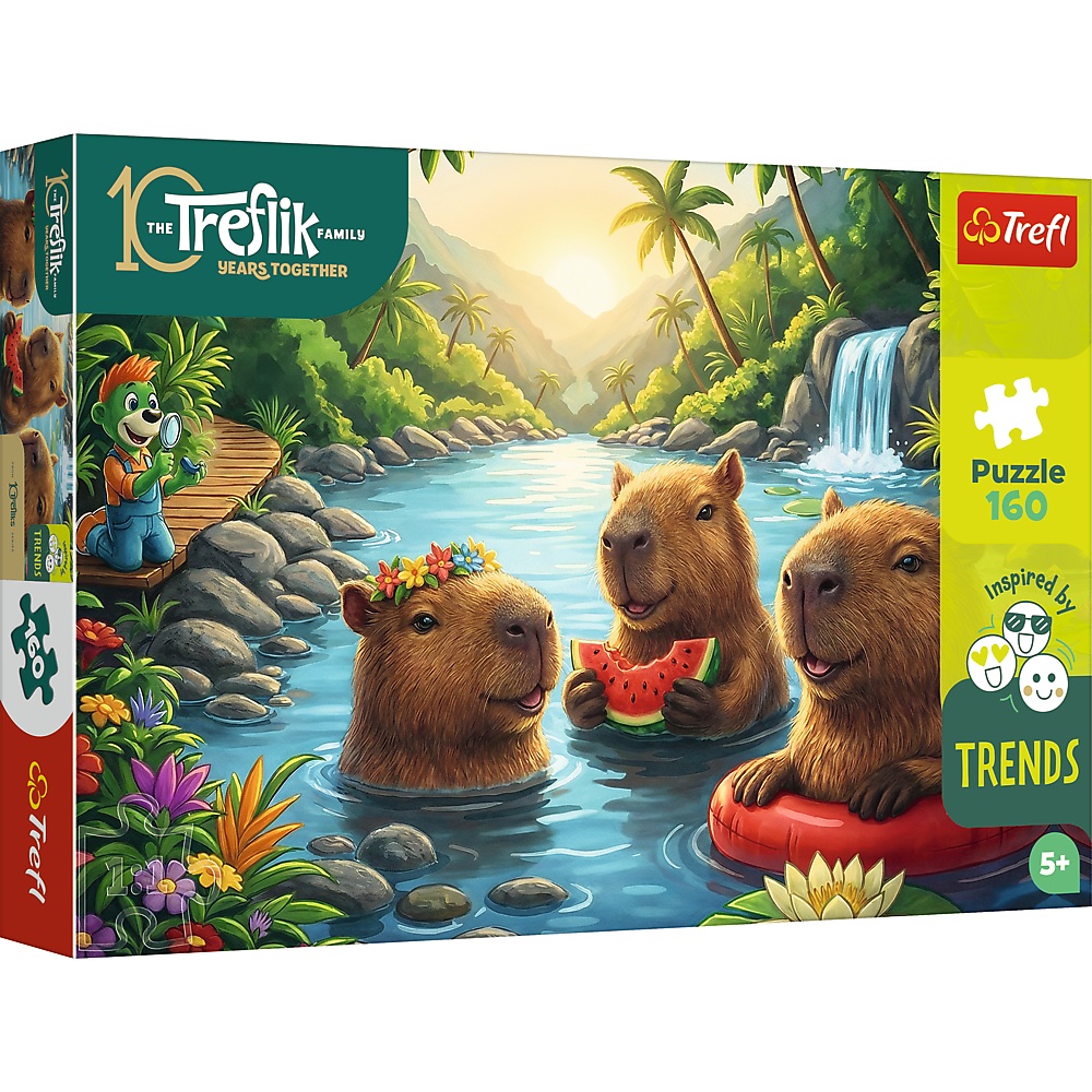 Trefl Puzzle 160 el Rodzina Treflików Kapibara 15446, zabawki Nino Bochnia, pomysł na prezent dla 6 latka, puzzle z kapibarą dla 6 latka