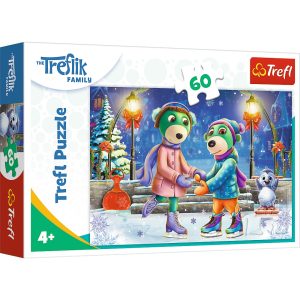 Trefl Puzzle 60 el Rodzina Treflików Zima u Treflików 17383, zabawki nino Bochnia, pomysł na prezent dla 4 latki, puzzle zimowe