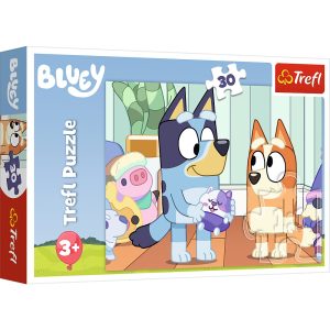 trefl puzzle 30 el Bluey Z Bluey zawsze jest wesoło 18324, zabawki Nino Bochnia, pomysł na prezent dla 4 latki, puzzle z pieskiem Bluey
