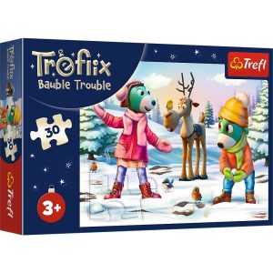 trefl puzzle 30 el Rodzina Treflików Świąteczny czas Treflików 18313, zabawki Nino Bochnia, pomysł na prezent dla 4 latka, puzzle zimowe, puzzle świąteczne dla 4 latka