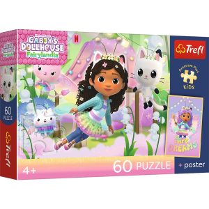 trefl puzzle 60 el Koci Domek Gabi Gabi i kocie przygody + plakat kolekcjonerski 17431, zabawki Nino Bochnia, pomysł na prezent dla 6 latki, puzzle Koci Domek Gabi dla dziewczynki