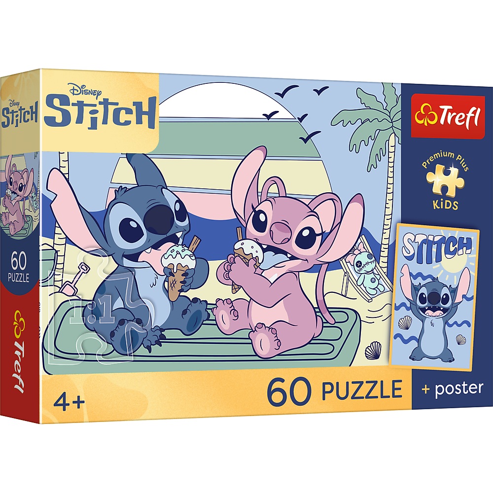 trefl puzzle 60 el Lilo i Stitch Zabawa ze Stitchem 17430, zabawki nino Bochnia, pomysł na prezent dla 5 latka, Puzzle ze Stitchem