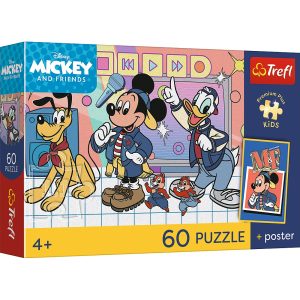 trefl puzzle 60 el Myszka Miki Mysia ekipa + plakat kolekcjonerski 17433, zabawki Nino Bochnia, pomysł na prezent dla 5 latka, puzzle z Myszką Miki