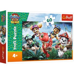trefl puzzle 60 el Psi Patrol Dinozaurom na ratunek 17425, zabawki Nino Bochnia, pomysł na prezent dla 5 latka, puzzle dinozaury i Psi Patrol