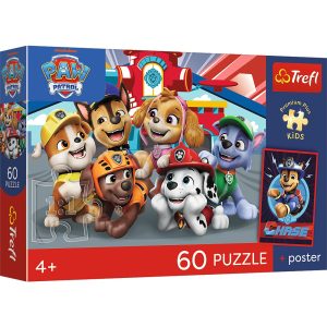trefl puzzle 60 el Psi Patrol Psie popołudnie + plakat kolekcjonerski 17432, zabawki Nino Bochnia, pomysł na prezent dla 5 latka, puzzle z Psim Patrolem