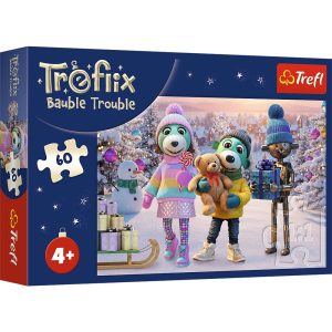 trefl puzzle 60 el Rodzina Treflików Zimowy Robobot 17417, zabawki nino Bochnia, pomysł na prezent dla 6 latka, puzzle zimowe 60 el. puzzle w szacie zimowej Rodzina Treflików