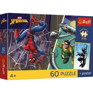 trefl puzzle 60 el Spiderman Superbohaterski dzień + plakat kolekcjonerski 17427, zabawki Nino Bochnia, pomysł na prezent dla 6 latka, puzzle ze Spidermanem