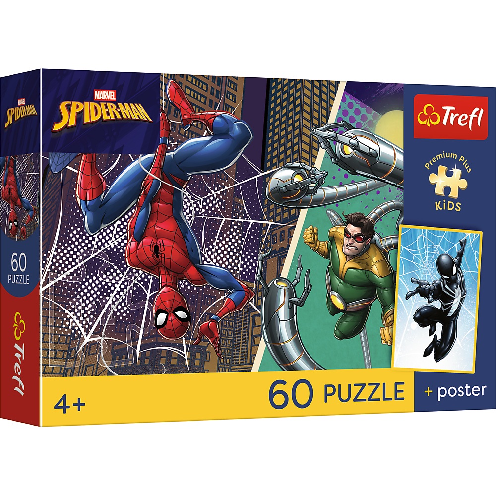 trefl puzzle 60 el Spiderman Superbohaterski dzień + plakat kolekcjonerski 17427, zabawki Nino Bochnia, pomysł na prezent dla 6 latka, puzzle ze Spidermanem