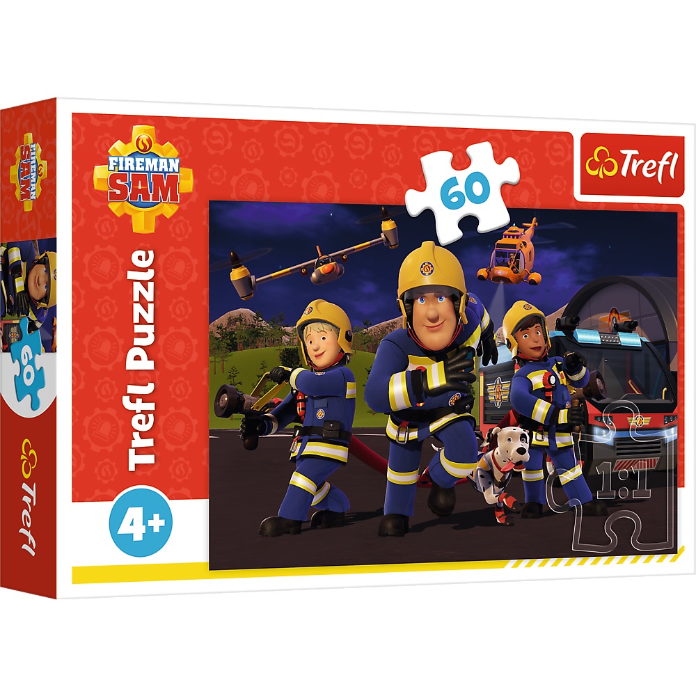 trefl puzzle 60 el Strażak Sam Bohater w mundurze 17413, zabawki Nino Bochnia, pomysł na prezent dla 5 latka, puzzle ze strażakiem Samem