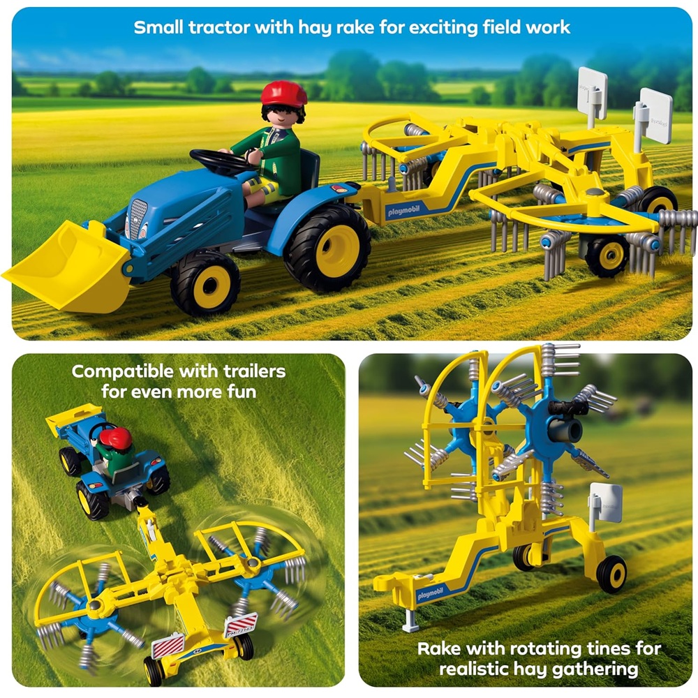Playmobil Country 72163 Mały ciągnik z przetrząsarką do siana, zabawki Nino Bochnia, pomysł na prezent dla 5 latka, traktor z przewracarką do siana, traktor z przyczepą