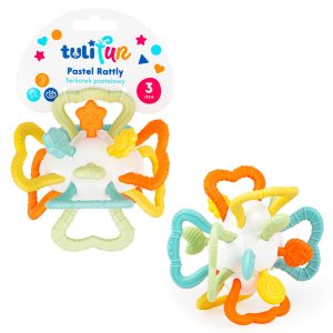 TuliFun Terkotek pastelowy gryzak sensoryczny grzechotka TF30138, zabawki Nino Bochnia, pomysł na prezent na ząbkowanie, czym ukoić ból dziecka podczas ząbkowania, gryzak grzechotka terkocząca dla maluszka