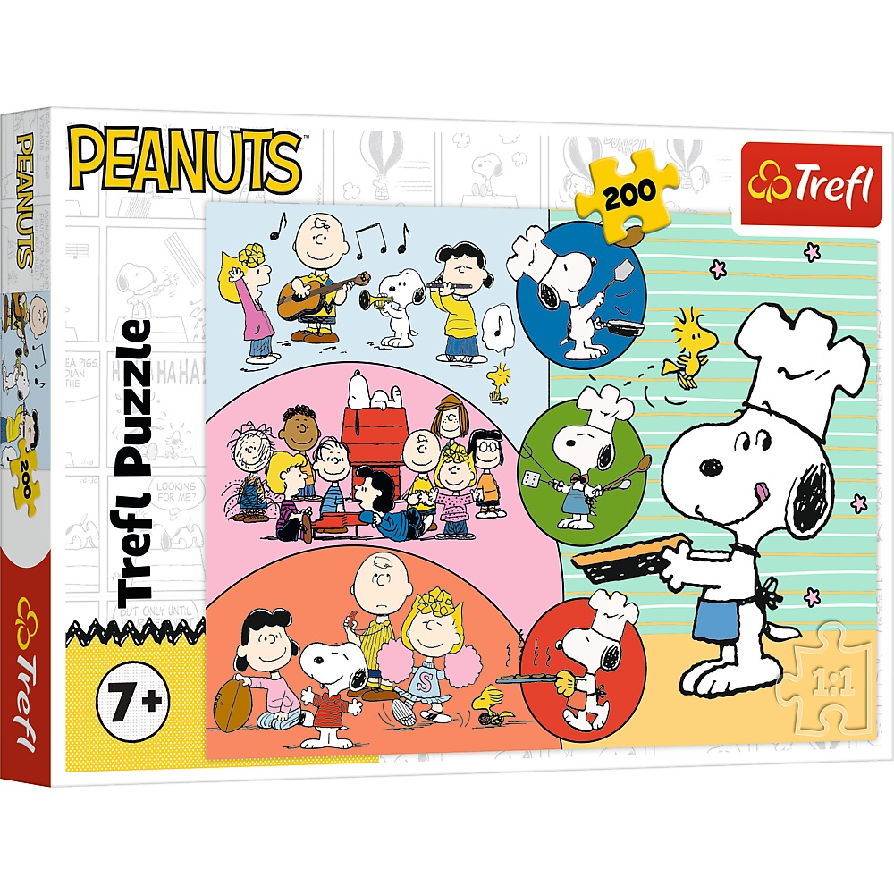 trefl puzzle 200 el Snoopy i przyjaciele 13368, zabawki Nino Bochnia, pomysł na prezent dla 8 latka, puzzle ze Snoopym