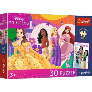 trefl puzzle 30 el Disney Princess Księżniczki i przyjaźń + plakat kolekcjonerski 18342, zabawki Nino Bochnia, pomysł na prezent dla 4 latki, puzzle z księżniczkami