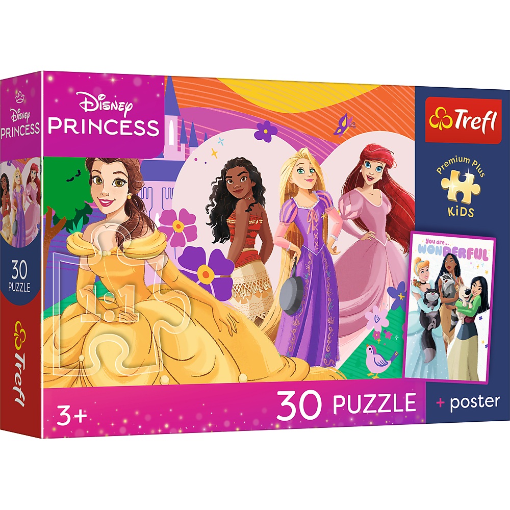 trefl puzzle 30 el Disney Princess Księżniczki i przyjaźń + plakat kolekcjonerski 18342, zabawki Nino Bochnia, pomysł na prezent dla 4 latki, puzzle z księżniczkami