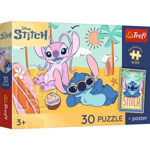 trefl puzzle 30 el Lilo i Stitch Uśmiech Stitcha + plakat kolekcjonerski 18341, zabawki Nino Bochnia, pomysł na prezent dla 4 latka puzzle ze Stitchem