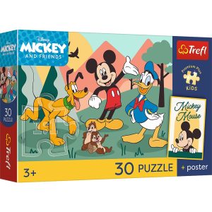 trefl puzzle 30 el Myszka Miki Bajkowe chwile + plakat kolekcjonerski 18339, zabawki Nino Bochnia, pomysł na prezent dla 4 latka, puzzle z Myszką Miki