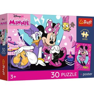 trefl puzzle 30 el Myszka Mnnie Radosna Minnie + plakat kolekcjonerski 18340, zabawki Nino Bochnia, pomysł na prezent dla 4 latki, puzzle z Myszką Minnie