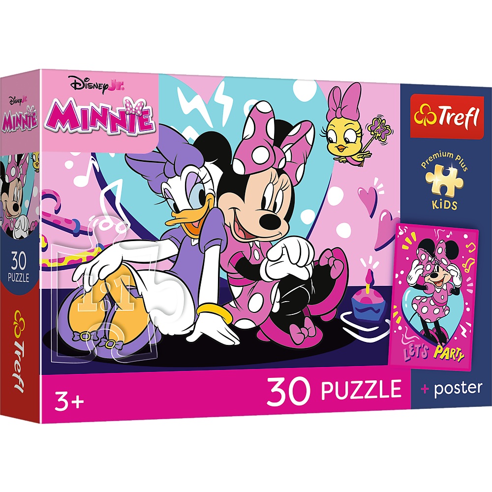 trefl puzzle 30 el Myszka Mnnie Radosna Minnie + plakat kolekcjonerski 18340, zabawki Nino Bochnia, pomysł na prezent dla 4 latki, puzzle z Myszką Minnie