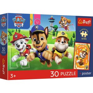 trefl puzzle 30 el Psi Patrol Psiaki w drodze + plakat kolekcjonerski 18346, zabawki Nino Bochnia, pomysł na prezent dla 4 latka, puzzle z Psim patrolem na 4 lata