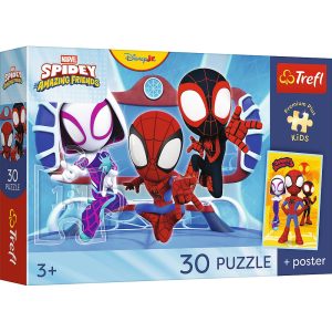 trefl puzzle 30 el Spiderman Spidey w akcji + plakat kolekcjonerski 18343, zabawki nino Bochnia, pomysł na prezent dla 3 latka, puzzle ze Spidermanem