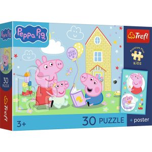 trefl puzzle 30 el Świnka Peppa ma plan plakat kolekcjonerski 18345, zabawki Nino Bochnia, pomysł na prezent dla 4 latki, puzzle z świnką peppą
