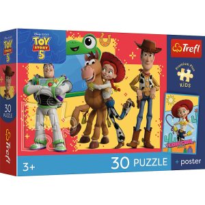 trefl puzzle 30 el Toy Story Przygody zabawek + plakat kolekcjonerski 18344, pomysł na prezent dla 4 latka, puzzle z Toy Story