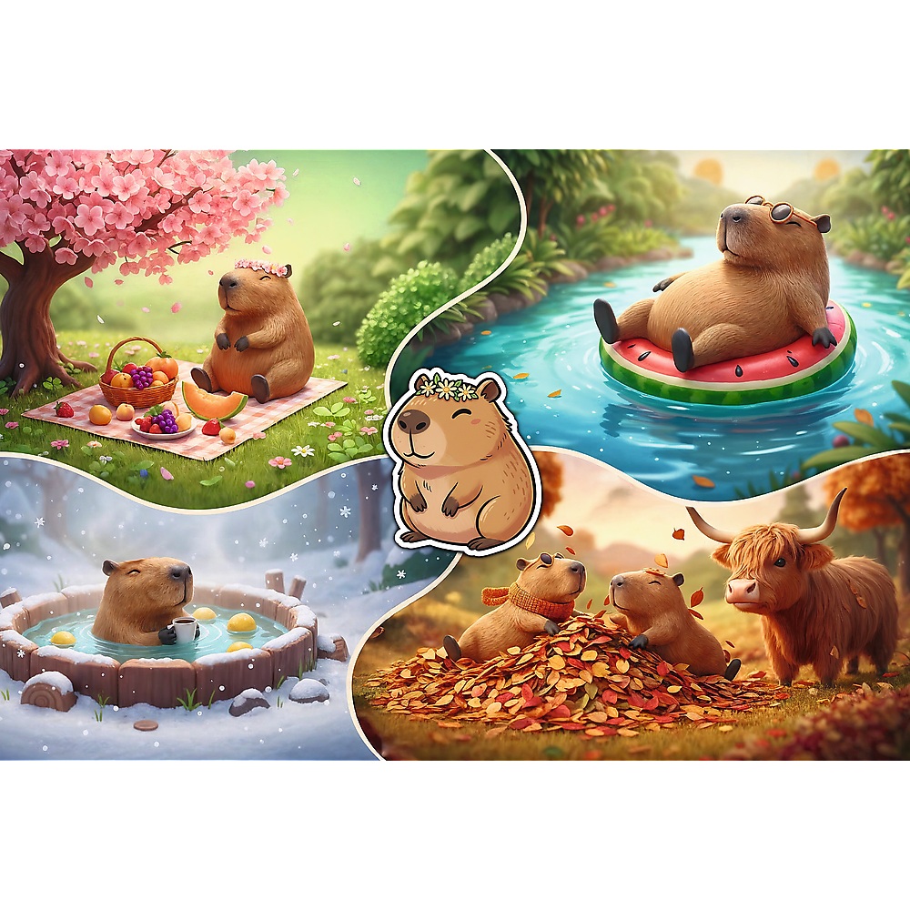 trefl puzzle 300 el Cztery pory roku z kapibarami 23052, zabawki Nino Bochnia, pomysł na prezent dla 8 latki, puzzle z Kabibarą, kapibara puzzle dla 8 latki